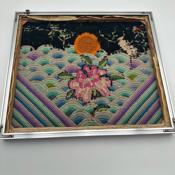 Vintage Asian Style Crewel Art Crane Flowers Amazing Colors Mid Century 20x17.5” - Picture 7 of 7